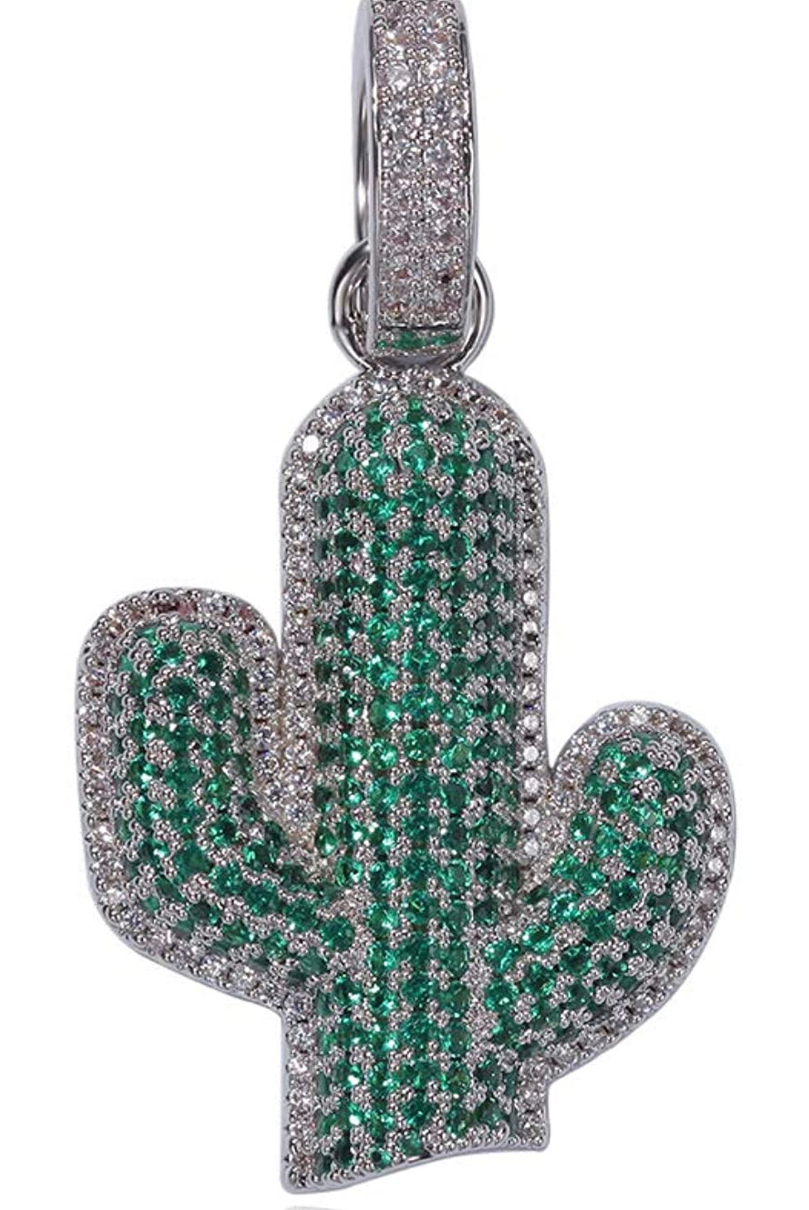 Iced Out 18k White Gold Cactus Pendant