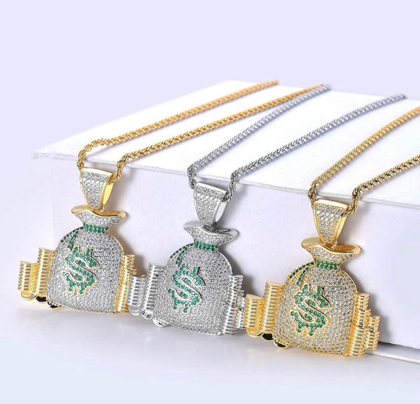 Iced Out 18k Gold Money Bag Pendant