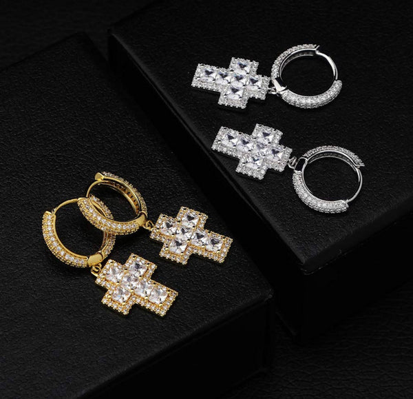 Iced Out 18k White Gold Baguette Cross Earrings