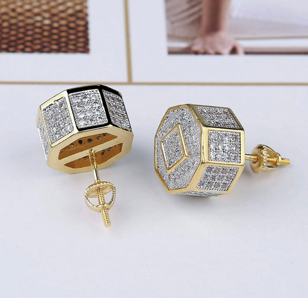 Iced Out 14k Gold Octagon Earrings