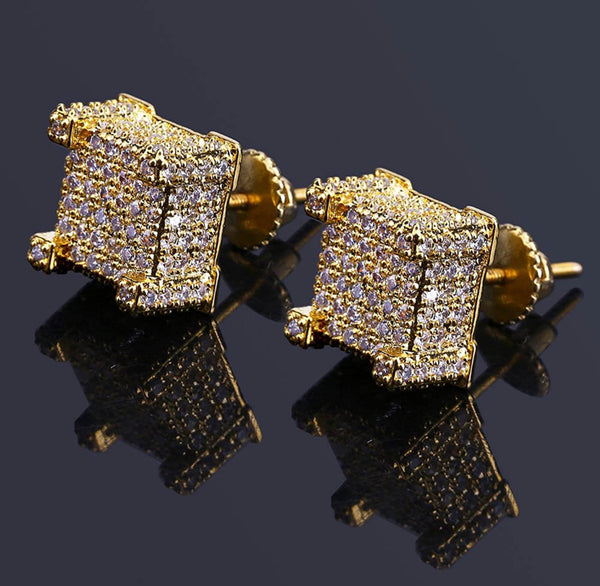 Iced Out 14k Gold Square Earrings