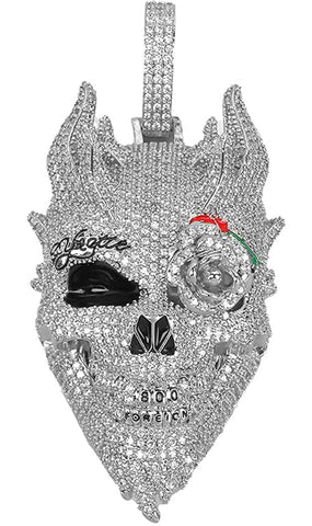 Iced Out 18k White Gold Rose Skull Pendant