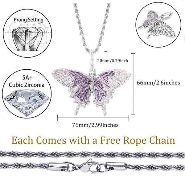 Iced Out 18k White Gold Purple Butterfly Pendant