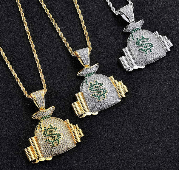 Iced Out 18k Gold Money Bag Pendant