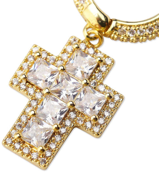 Iced Out 18k Gold Baguette Cross Earrings