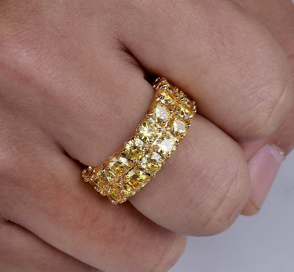 Iced Out 14k Gold 2 Row Ring Yellow Diamonds