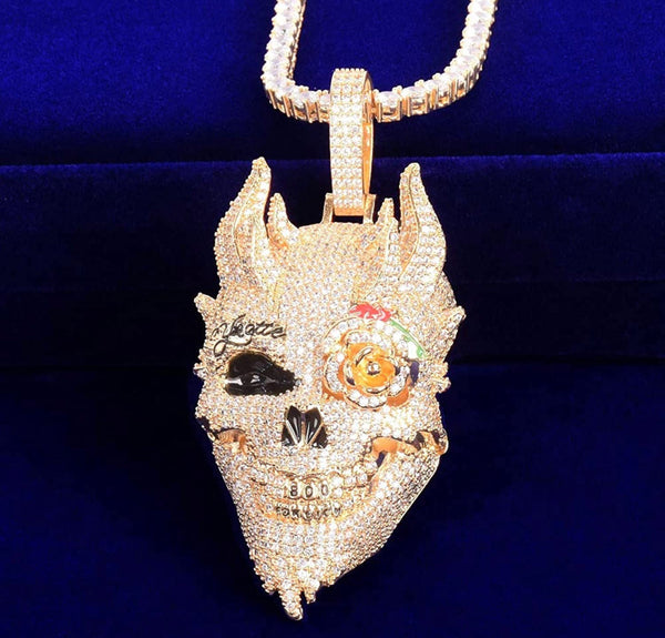 Iced Out 18k Gold Rose Skull Pendant