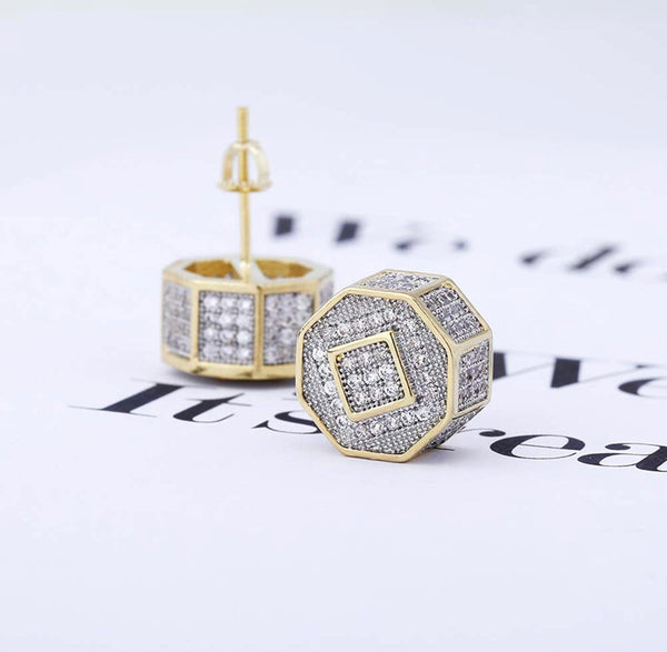 Iced Out 14k Gold Octagon Earrings