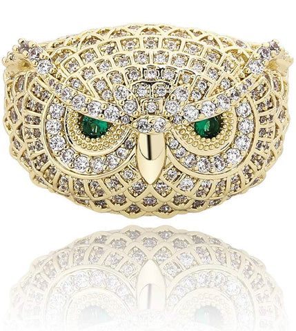 Iced Out 14k Gold Owl Face Ring