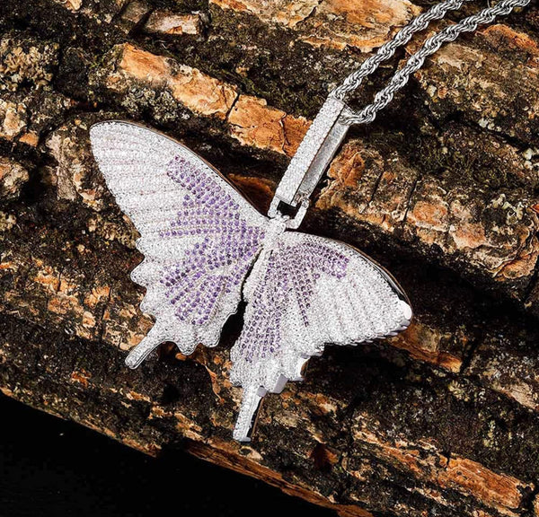 Iced Out 18k White Gold Purple Butterfly Pendant