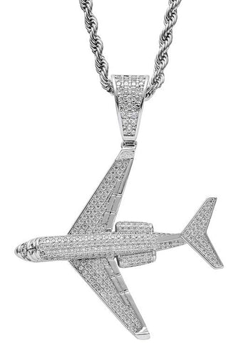 Iced Out 18k White Gold Airplane Pendant