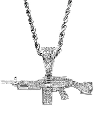 Iced Out 18k White Gold Machine Gun Pendant