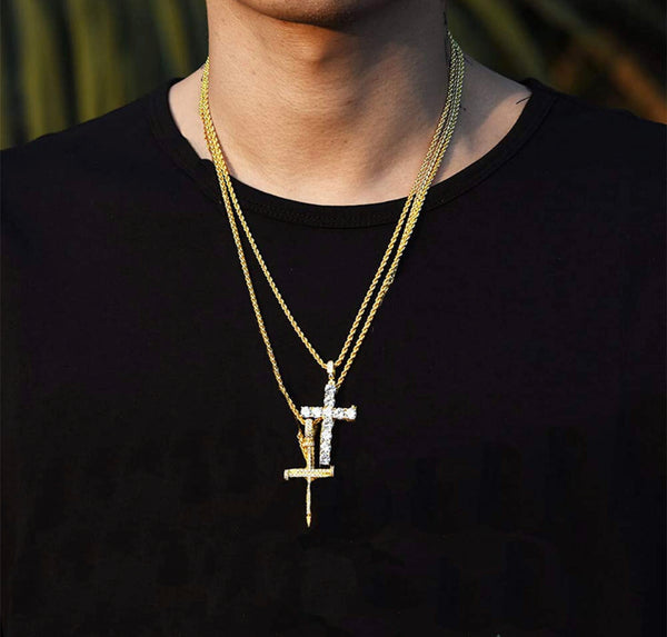 Iced Out 18k Gold Nail Cross Pendant