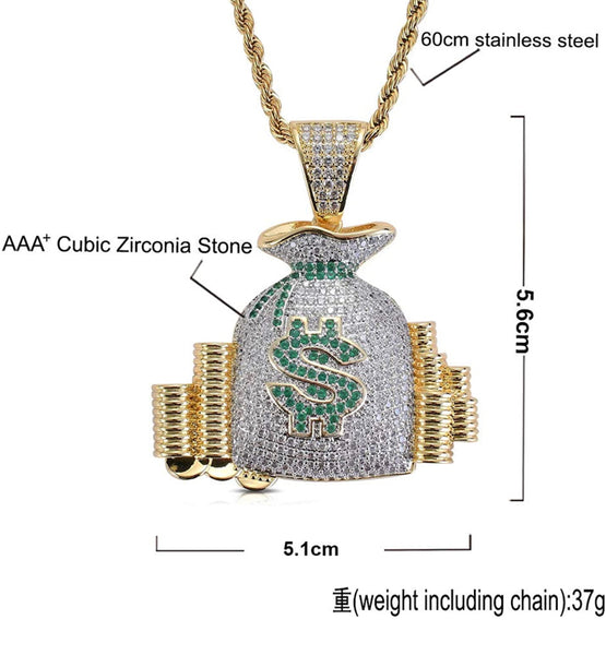 Iced Out 18k Two Tone Gold Money Bag Pendant