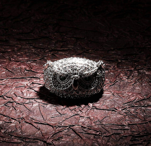 Iced Out 14k White Gold Owl Face Ring