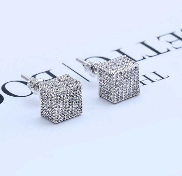 Iced Out 14k White Gold Cube Earrings