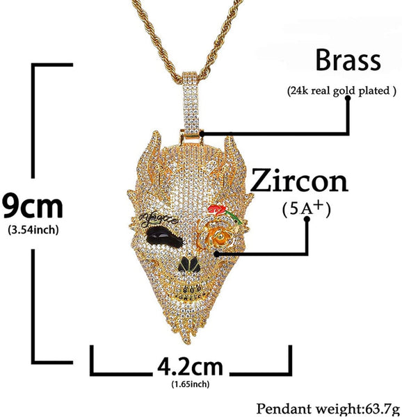 Iced Out 18k Gold Rose Skull Pendant