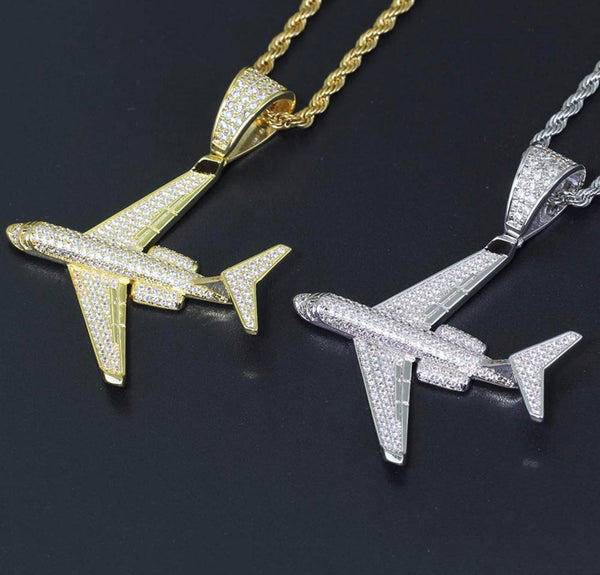 Iced Out 18k White Gold Airplane Pendant