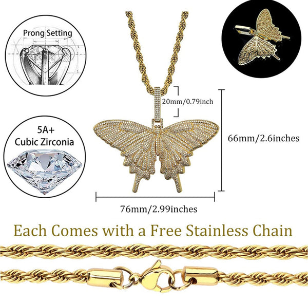 Iced Out 18k Gold Butterfly Pendant