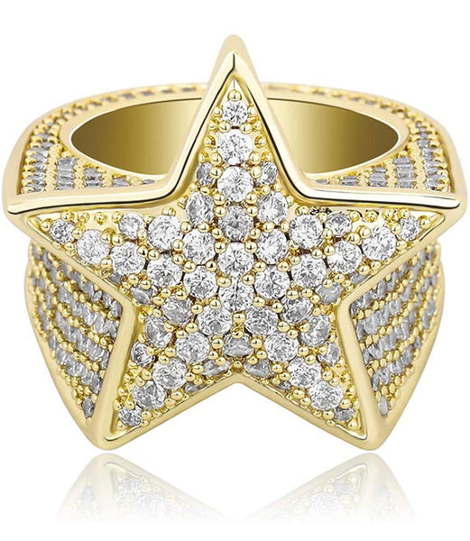 Iced Out 14k Gold Big Star Ring