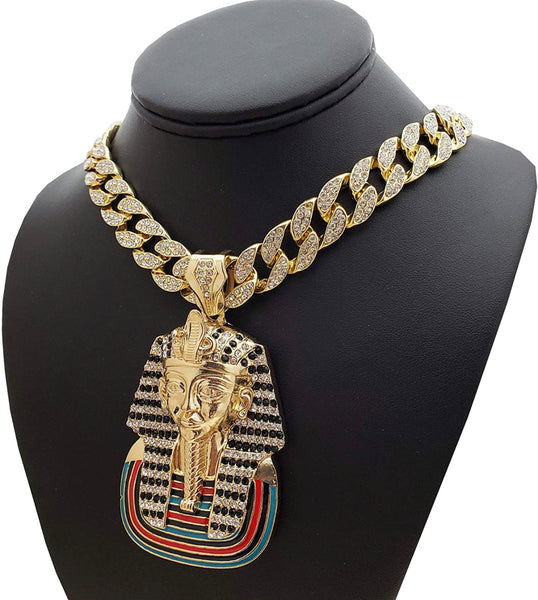 Iced Out 14k Gold Egypt Pharaoh Pendant w/Chain