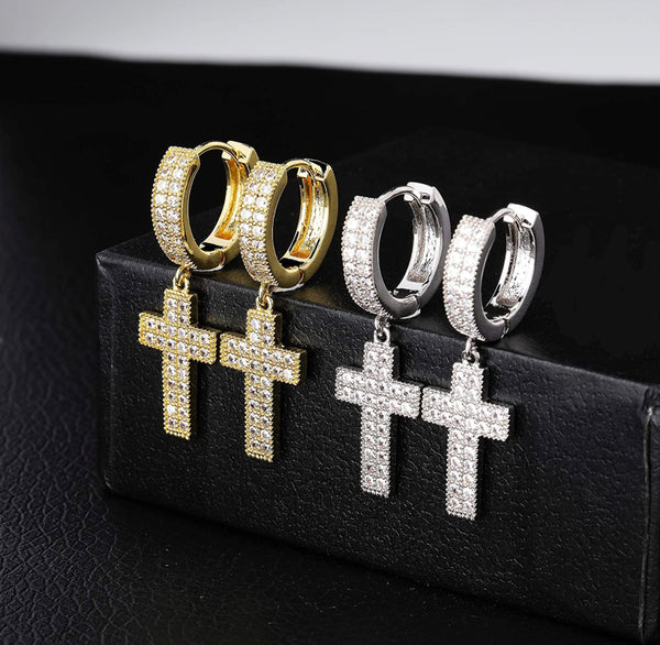 Iced Out 14k White Gold Cross Earrings