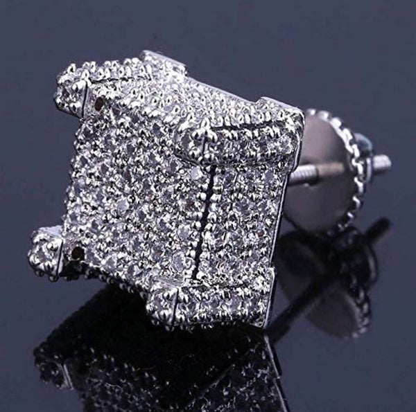 Iced Out 14k White Gold Square Earrings