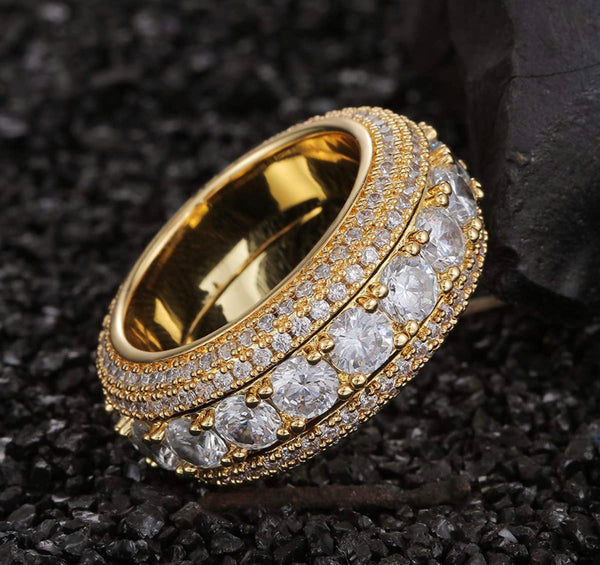 Iced Out 14k Gold Spinning Row Ring