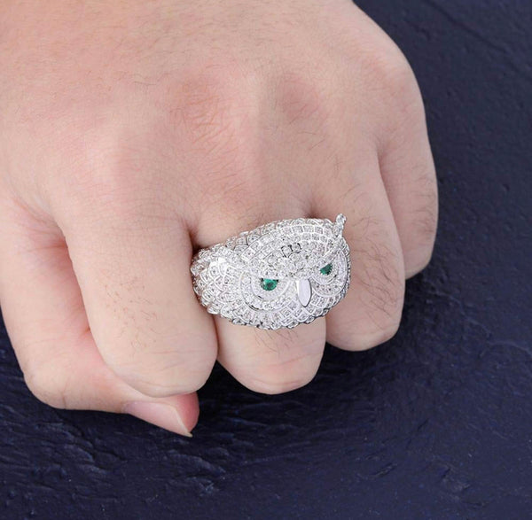 Iced Out 14k White Gold Owl Face Ring