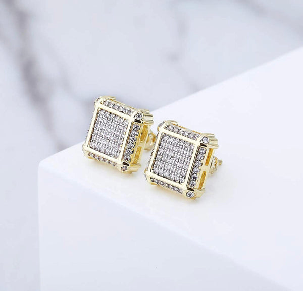 Iced Out 14k Gold T-Quadrangle Earrings