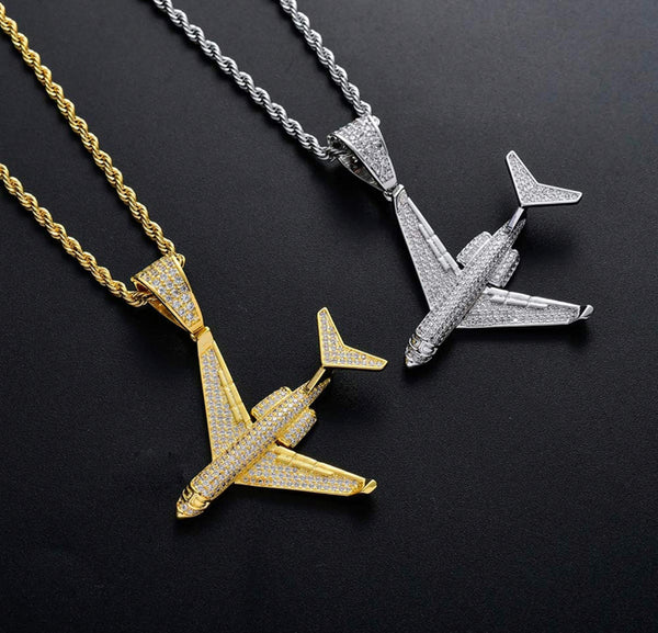 Iced Out 18k White Gold Airplane Pendant