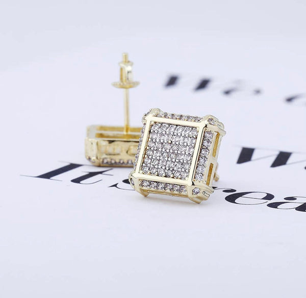 Iced Out 14k Gold T-Quadrangle Earrings