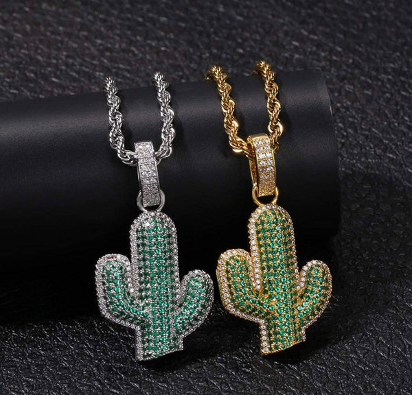 Iced Out 18k White Gold Cactus Pendant