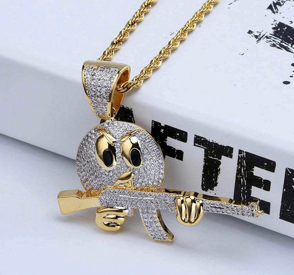 Iced Out Emoji with Gun AK-47 Pendant