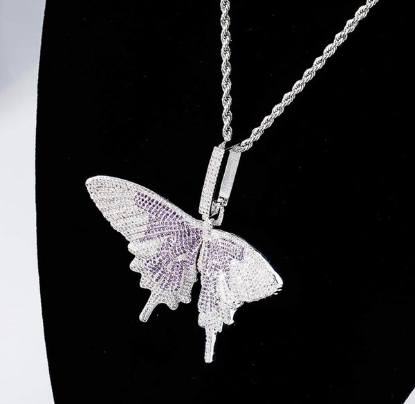 Iced Out 18k White Gold Purple Butterfly Pendant