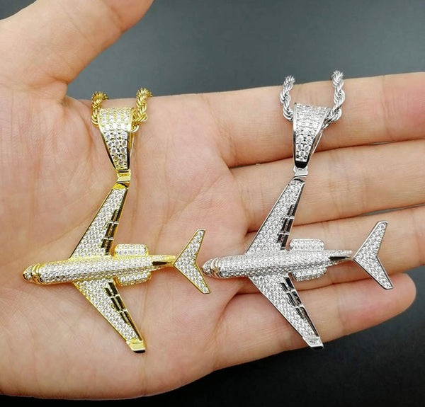 Iced Out 18k White Gold Airplane Pendant