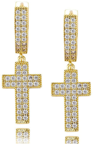 Iced Out 14k Gold Cross Earrings