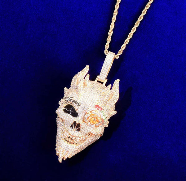 Iced Out 18k Gold Rose Skull Pendant