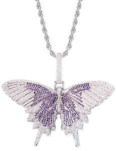 Iced Out 18k White Gold Purple Butterfly Pendant