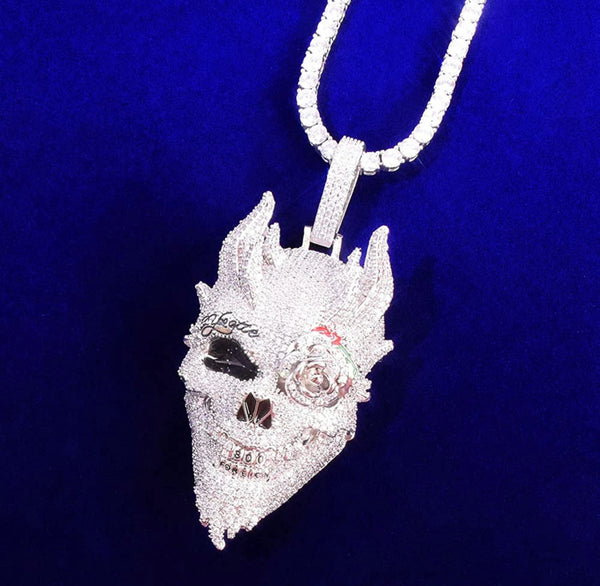 Iced Out 18k White Gold Rose Skull Pendant