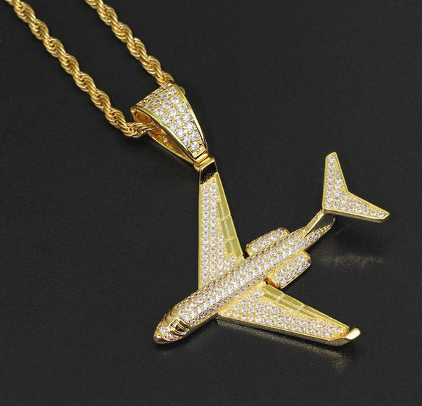 Iced Out 18k White Gold Airplane Pendant