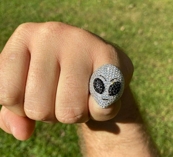 Iced Out 14k White Gold Alien Emoji Ring