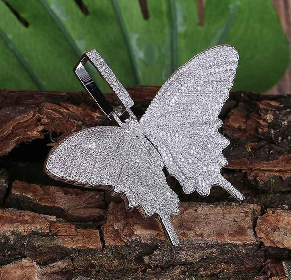 Iced Out 18k White Gold Butterfly Pendant