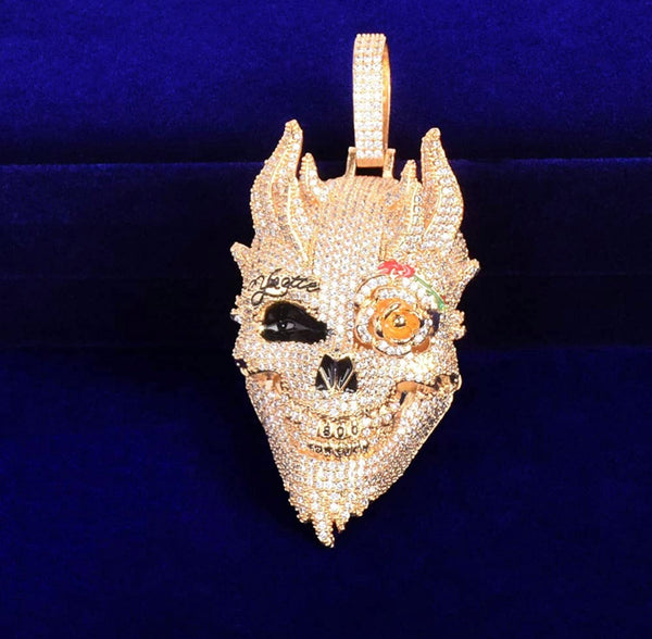 Iced Out 18k Gold Rose Skull Pendant