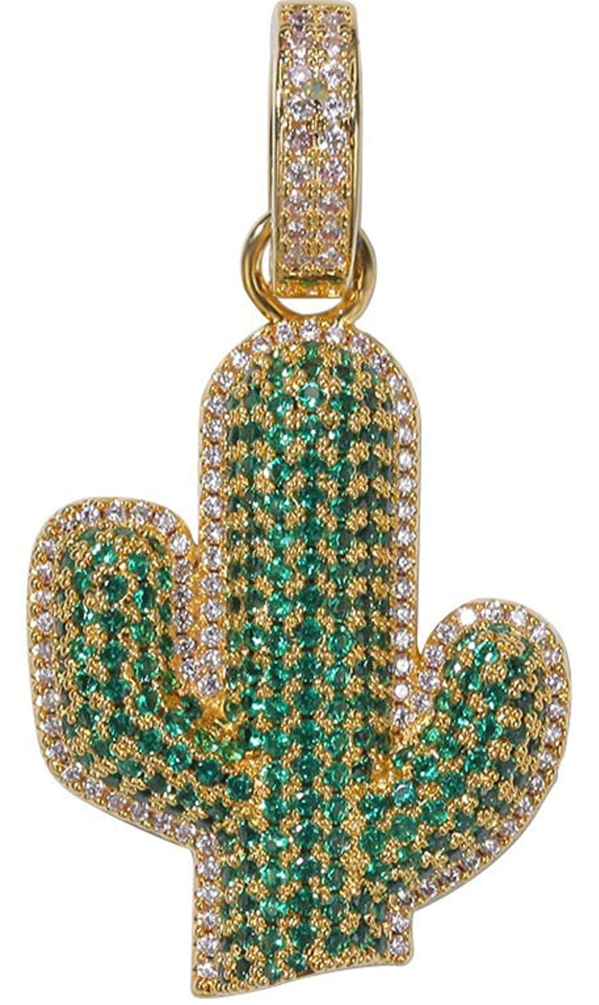 Iced Out 18k Gold Cactus Pendant