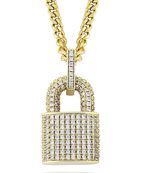 Iced Out 14k Gold Lock Pendant