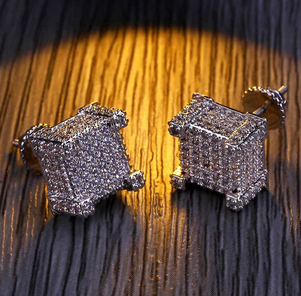 Iced Out 14k White Gold Square Earrings