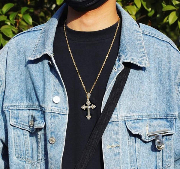 Iced Out 14k Gold Cross Pendant