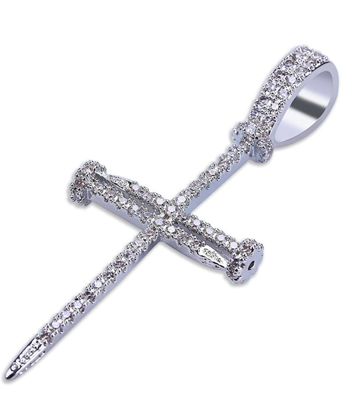 Iced Out 18k White Gold Nail Cross Pendant