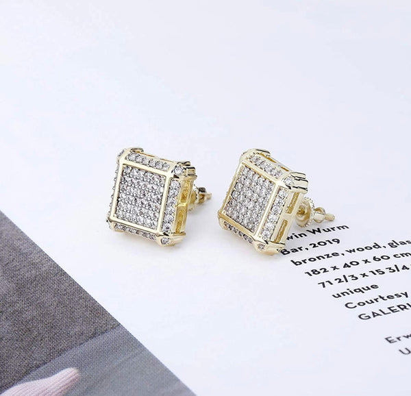 Iced Out 14k Gold T-Quadrangle Earrings